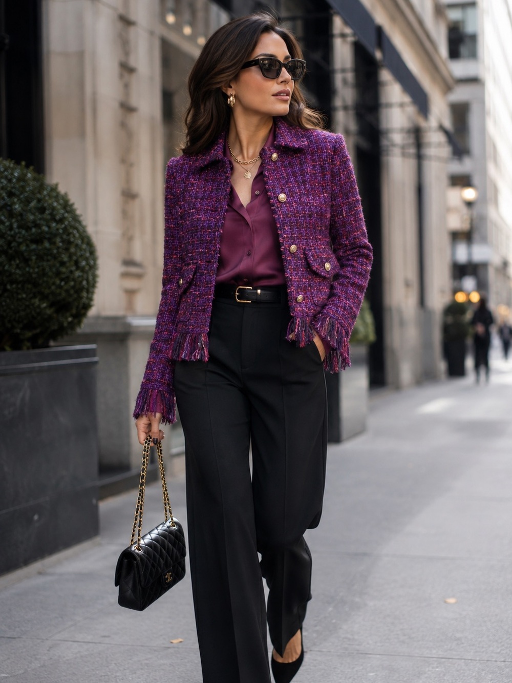 Chico's Women's Purple Burgundy Tweed Fringe Jacket with Gold Buttons XL